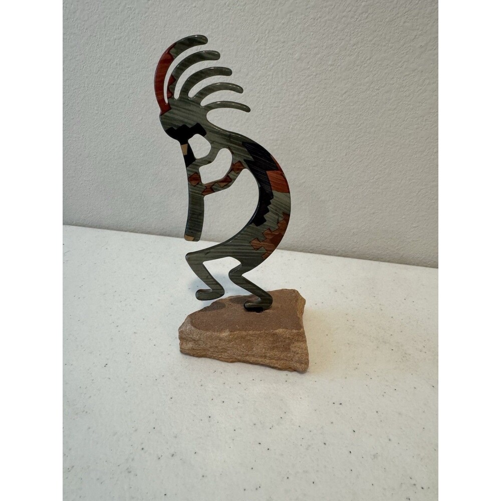 Kokopelli Metal Enamel Figurine W/Flute Stone Base Double Sided Southwest 7.5"T